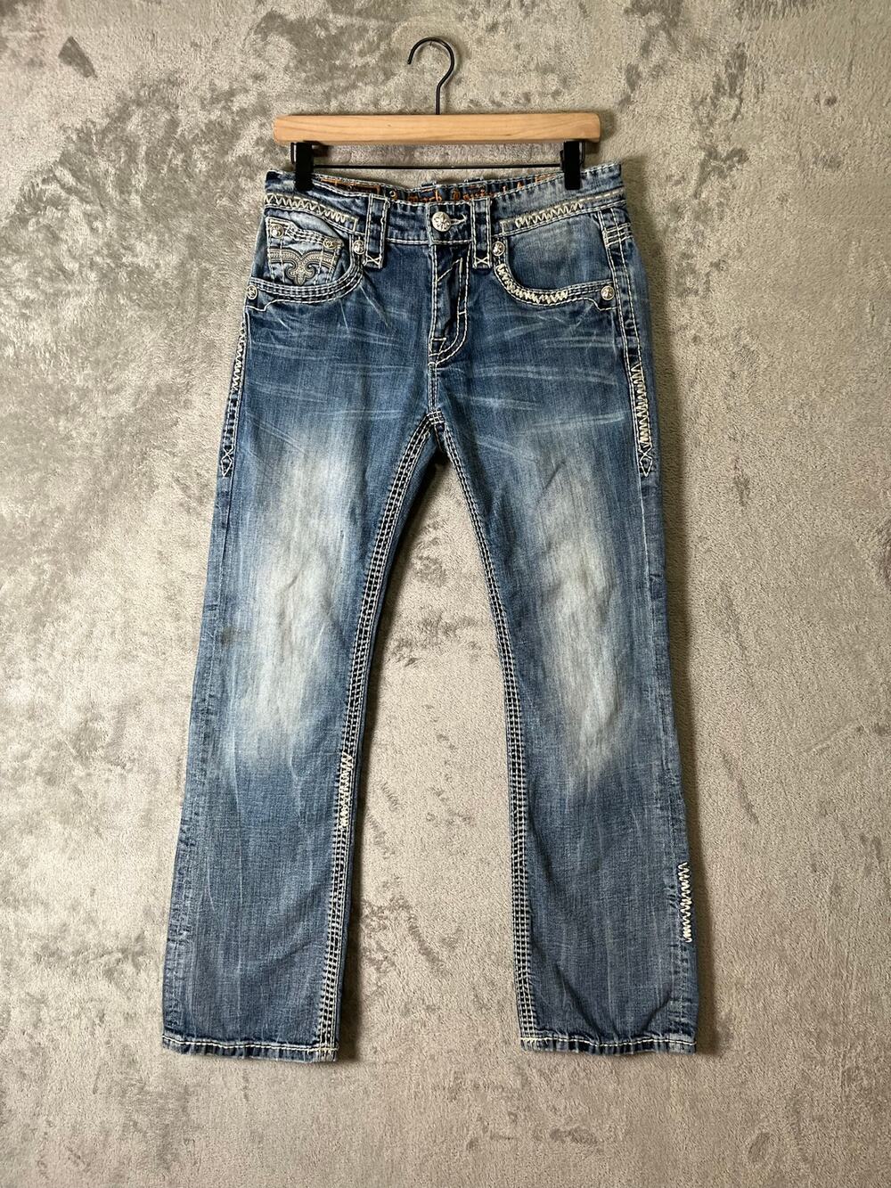 Rock Revival Hank Boot Distressed Bootcut Jeans Blue Wash Western Y2K Biker 30
